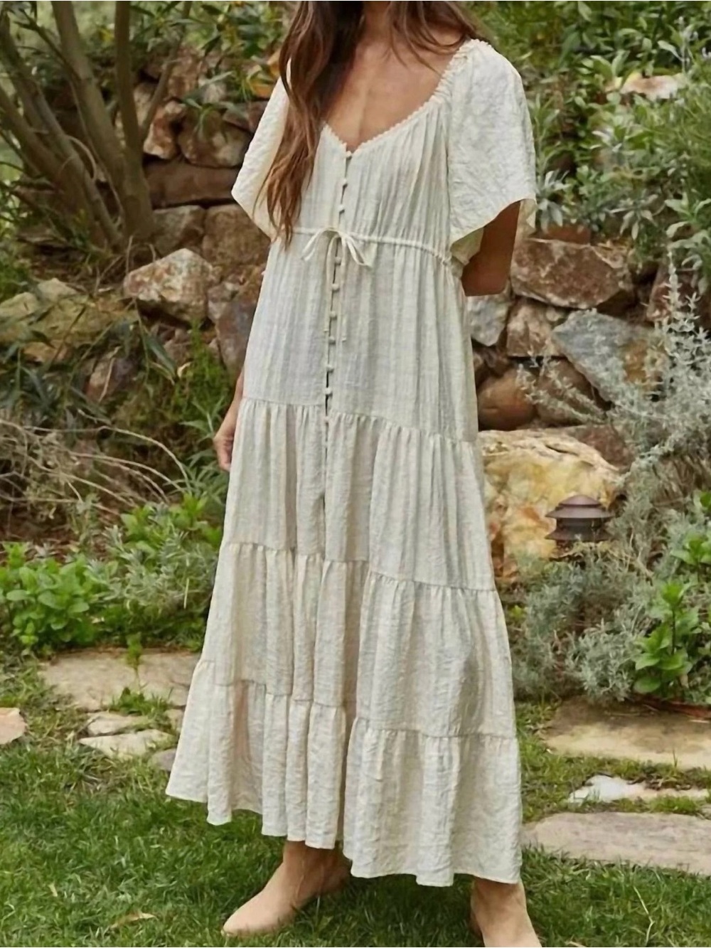 By Together Sweetheart Tiered Flare Maxi Dress Cream Beige Detachable Liner Sz S